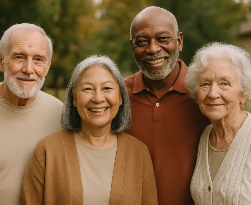 Four smiling older adults standing together outdoors