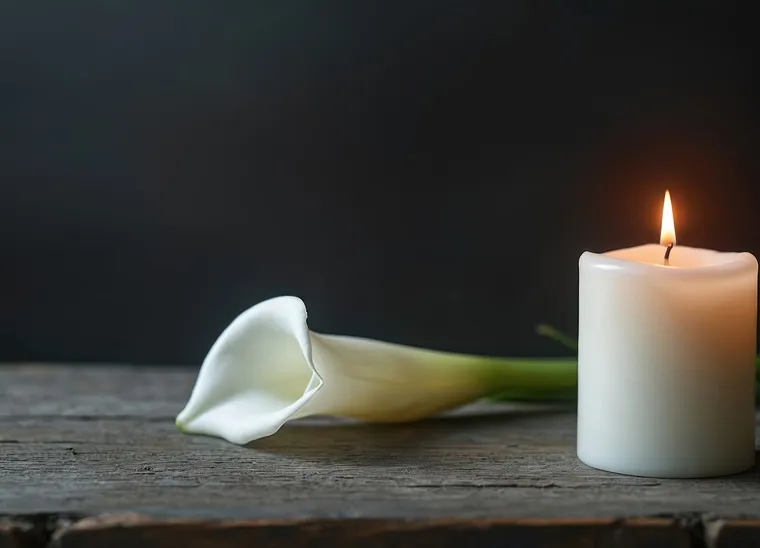 A single lit candle beside a white calla lily on a weathered wooden table
